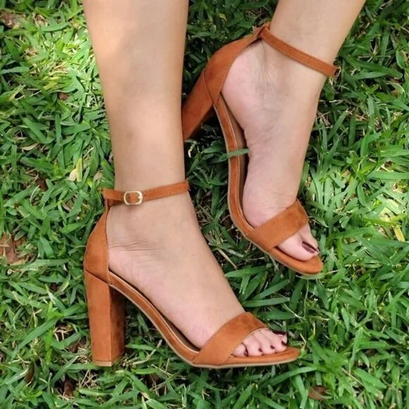Tan Suede Ankle Strap Block Heel Dress Sandals - Picture 3 of 11